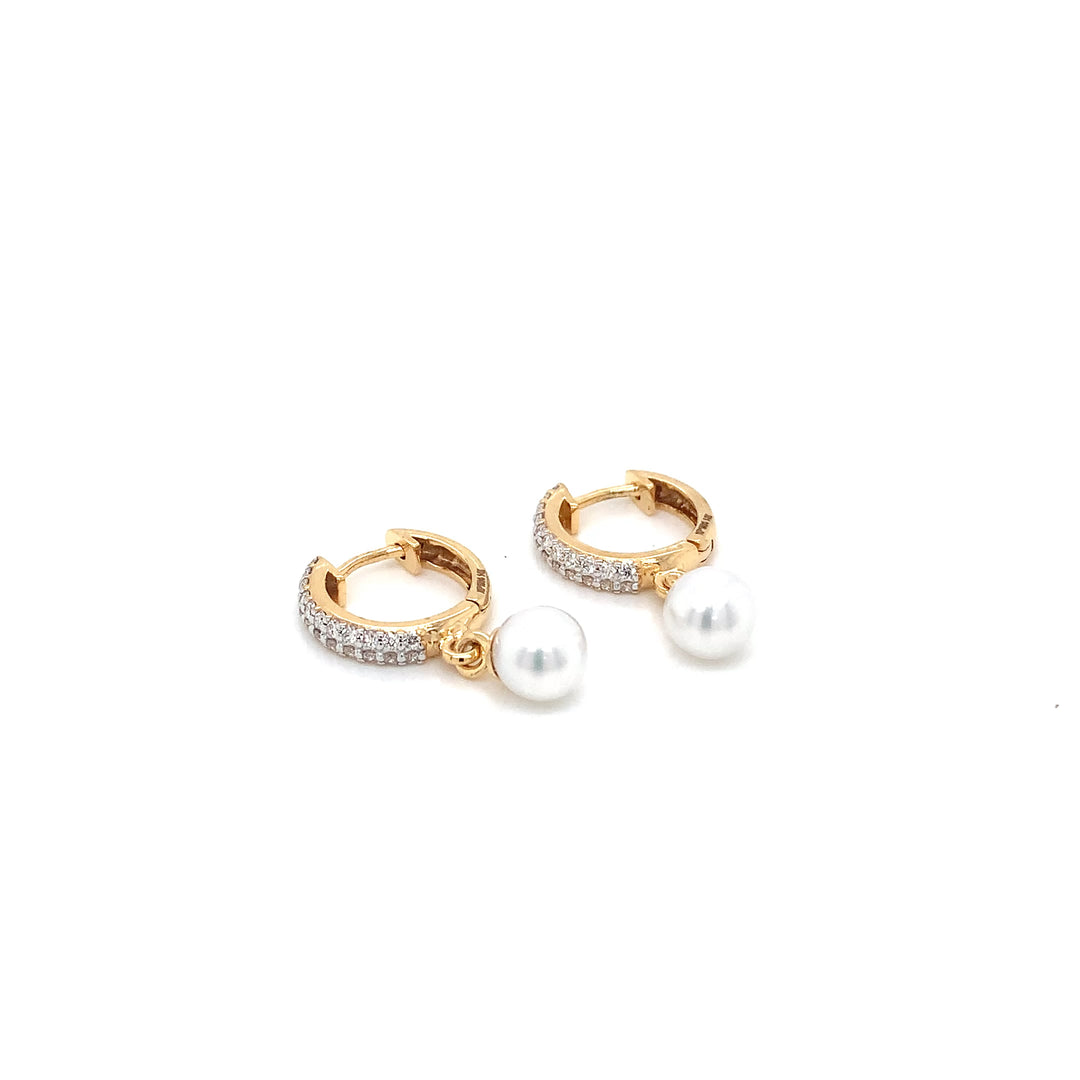 14K YG Huggie Diamond with FW Pearl Earring-1pair