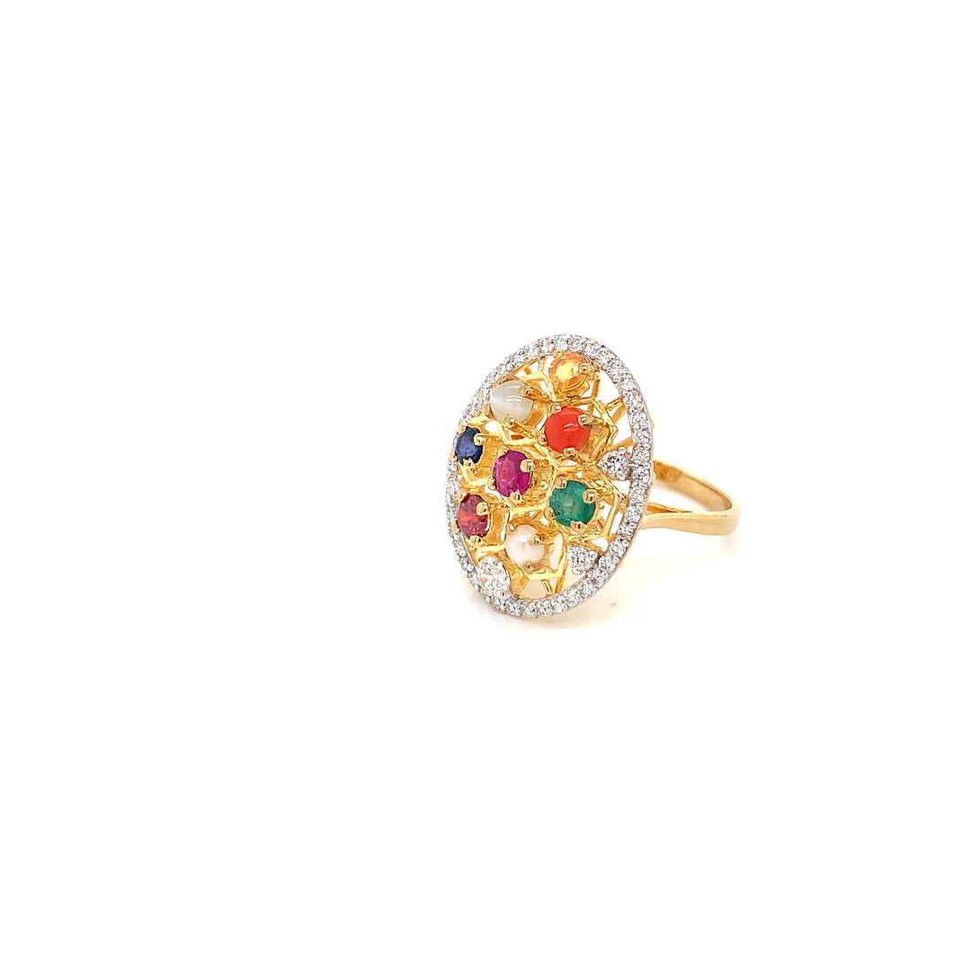 14K YG Cluster Diamond with Navaratna Ring-1pc