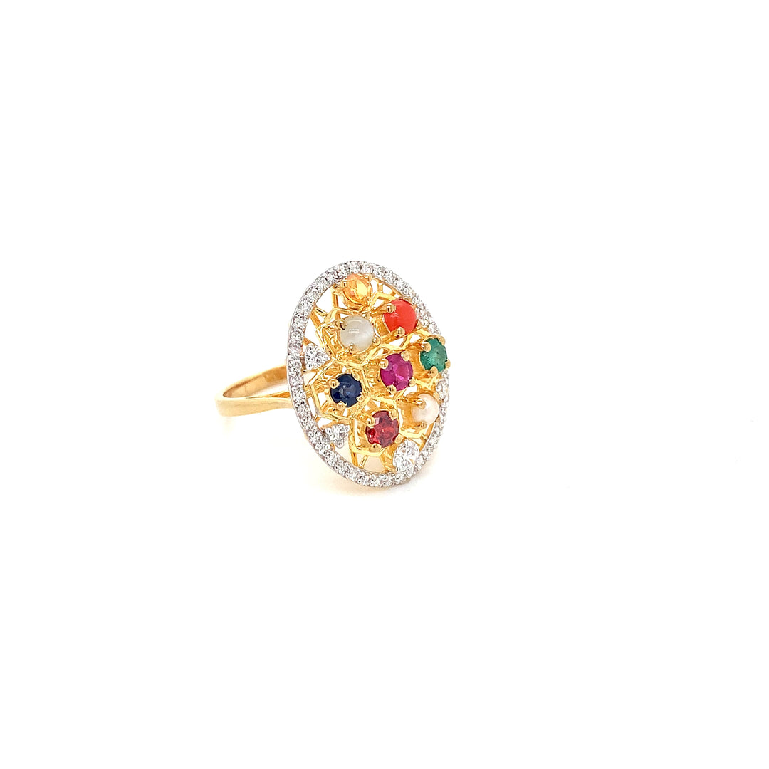 14K YG Cluster Diamond with Navaratna Ring-1pc