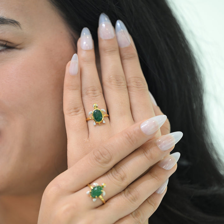 14K YG Turtle Diamond with Emerald Ring-1pc