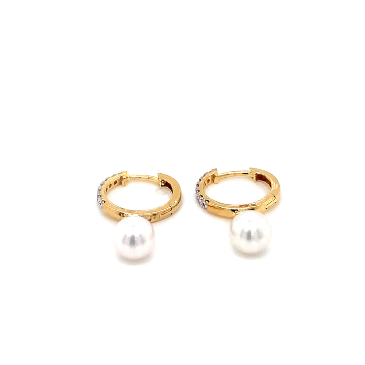 14K YG Huggie Diamond with FW Pearl Earring-1pair