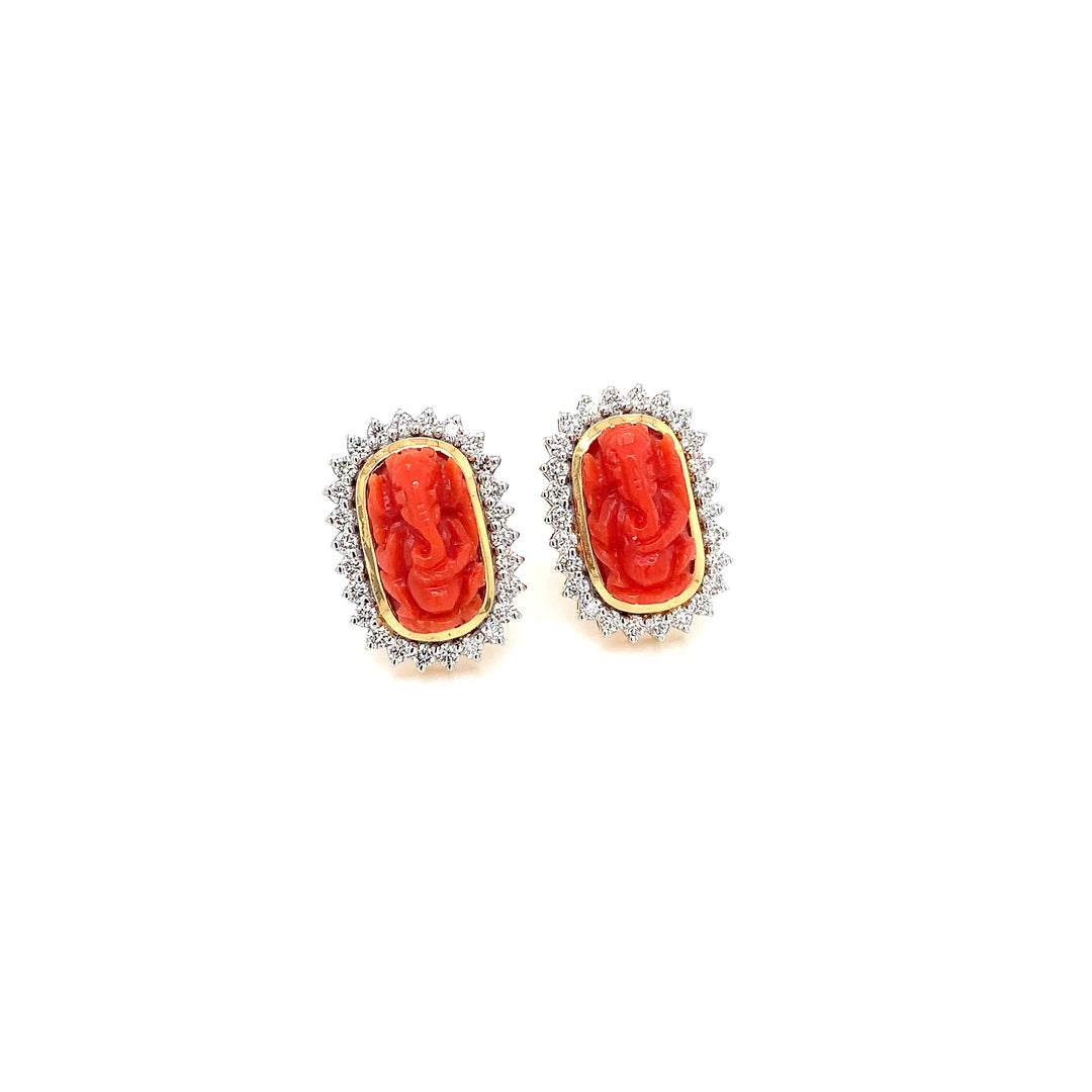 14K YG Cluster Diamond with Coral Earring-1pair