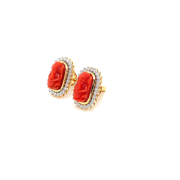 14K YG Cluster Diamond with Coral Earring-1pair