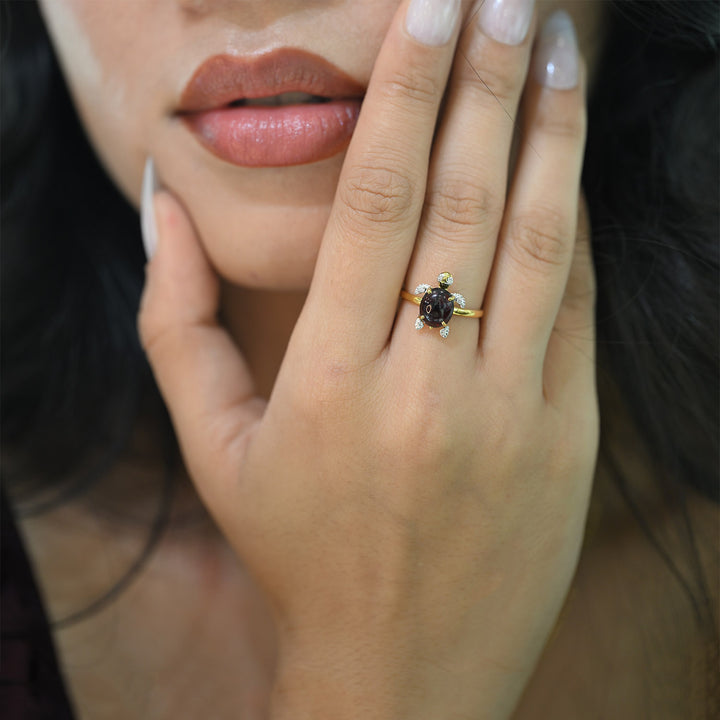 14K YG Turtle Diamond, Garnet Ring-1pc