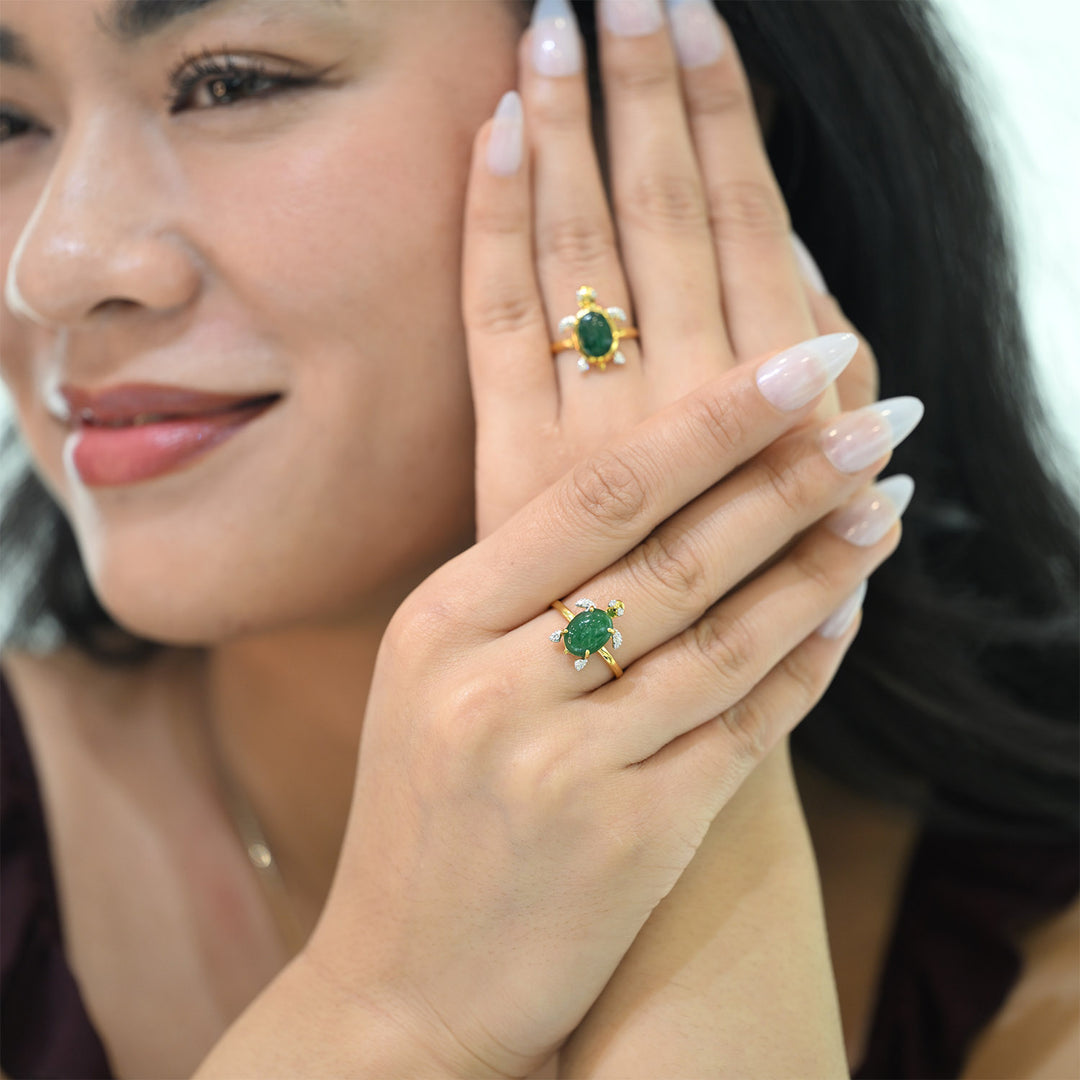 14K YG Turtle Diamond, Emerald Ring-1pc
