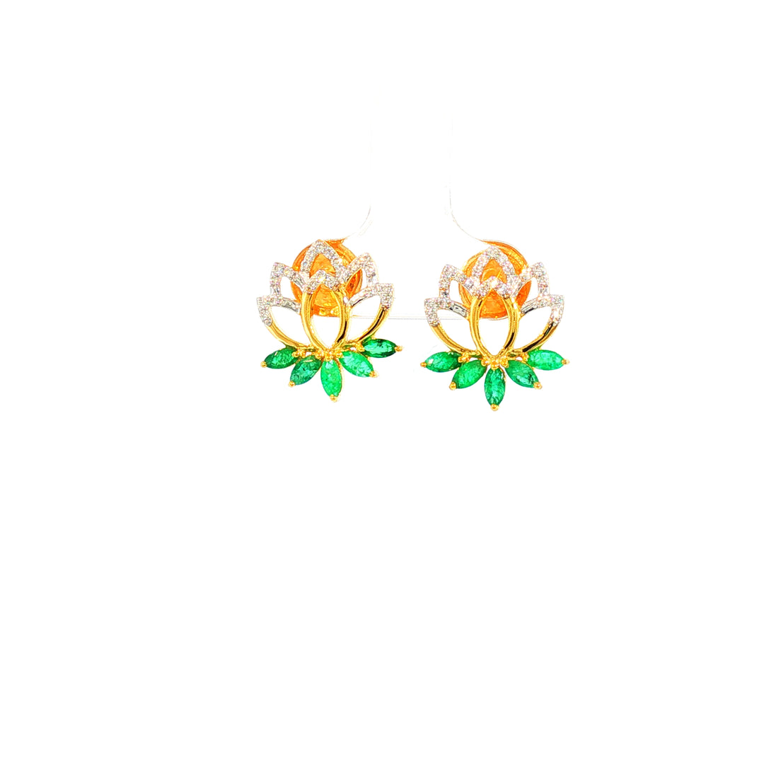 14K YG Lotus Diamond, Emerald Earring-1pair