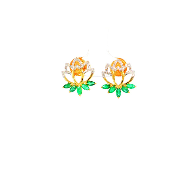 14K YG Lotus Diamond, Emerald Earring-1pair