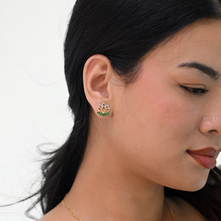 14K YG Lotus Diamond, Emerald Earring-1pair