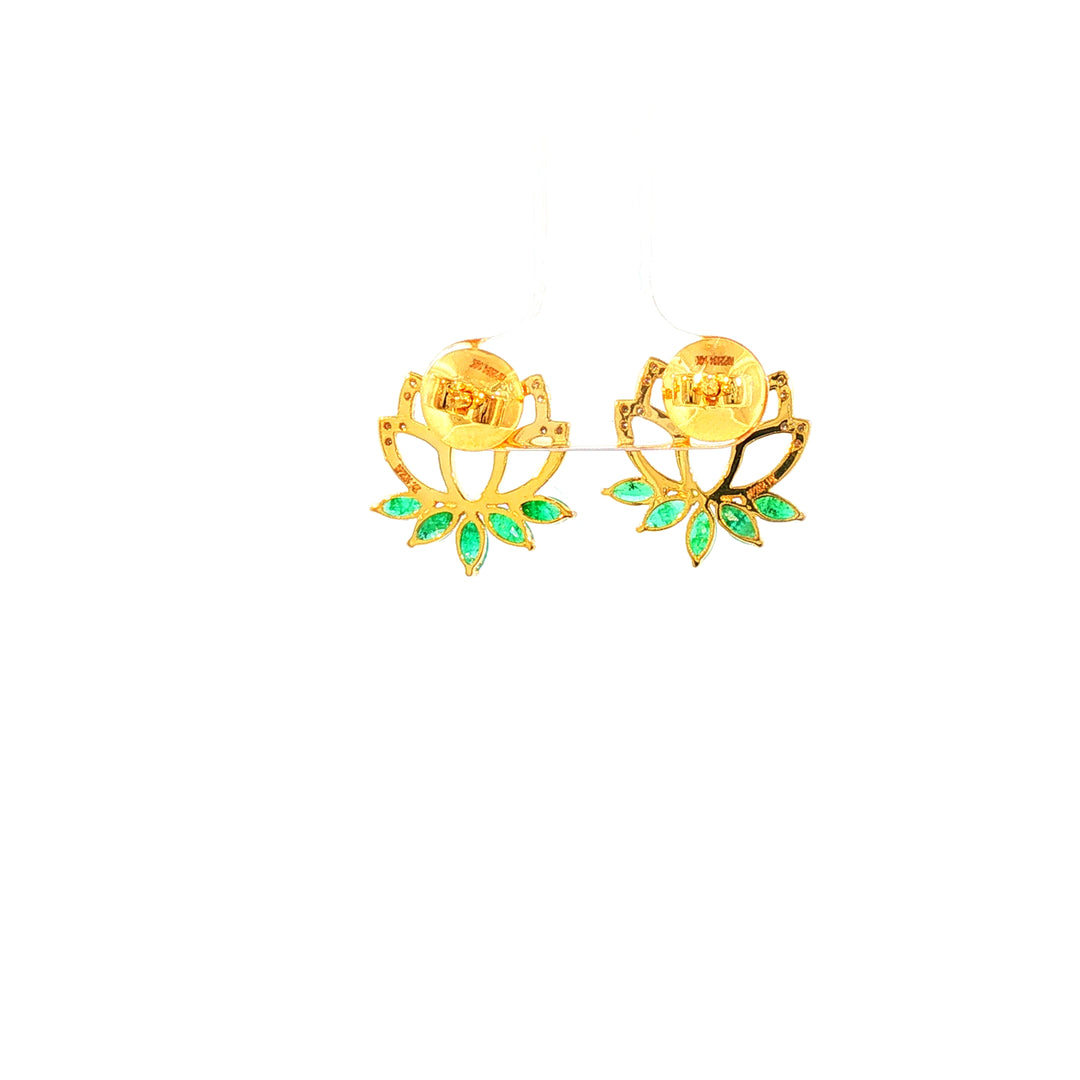 14K YG Lotus Diamond, Emerald Earring-1pair