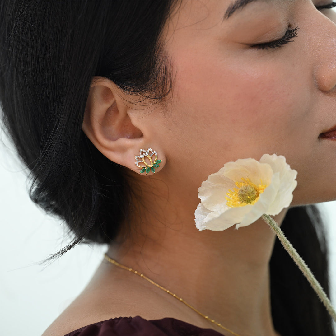14K YG Lotus Diamond, Emerald Earring-1pair