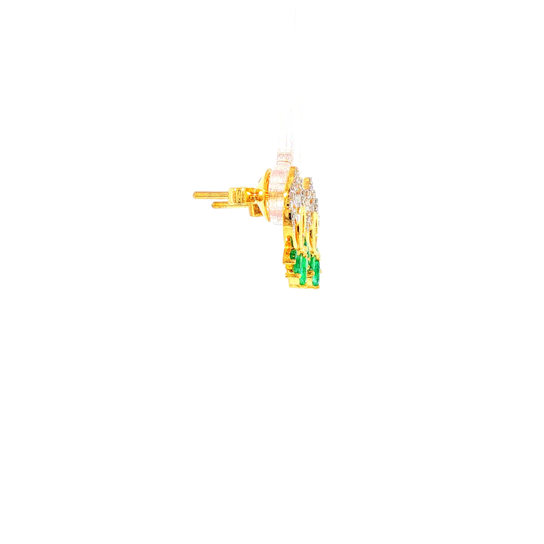 14K YG Lotus Diamond, Emerald Earring-1pair