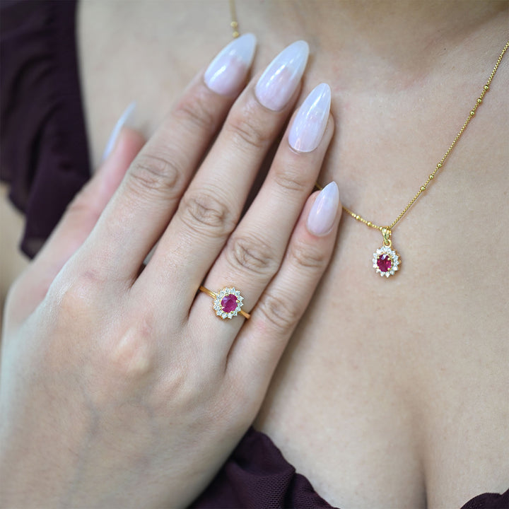 14K YG Cluster Diamond, Ruby Ring-1pc