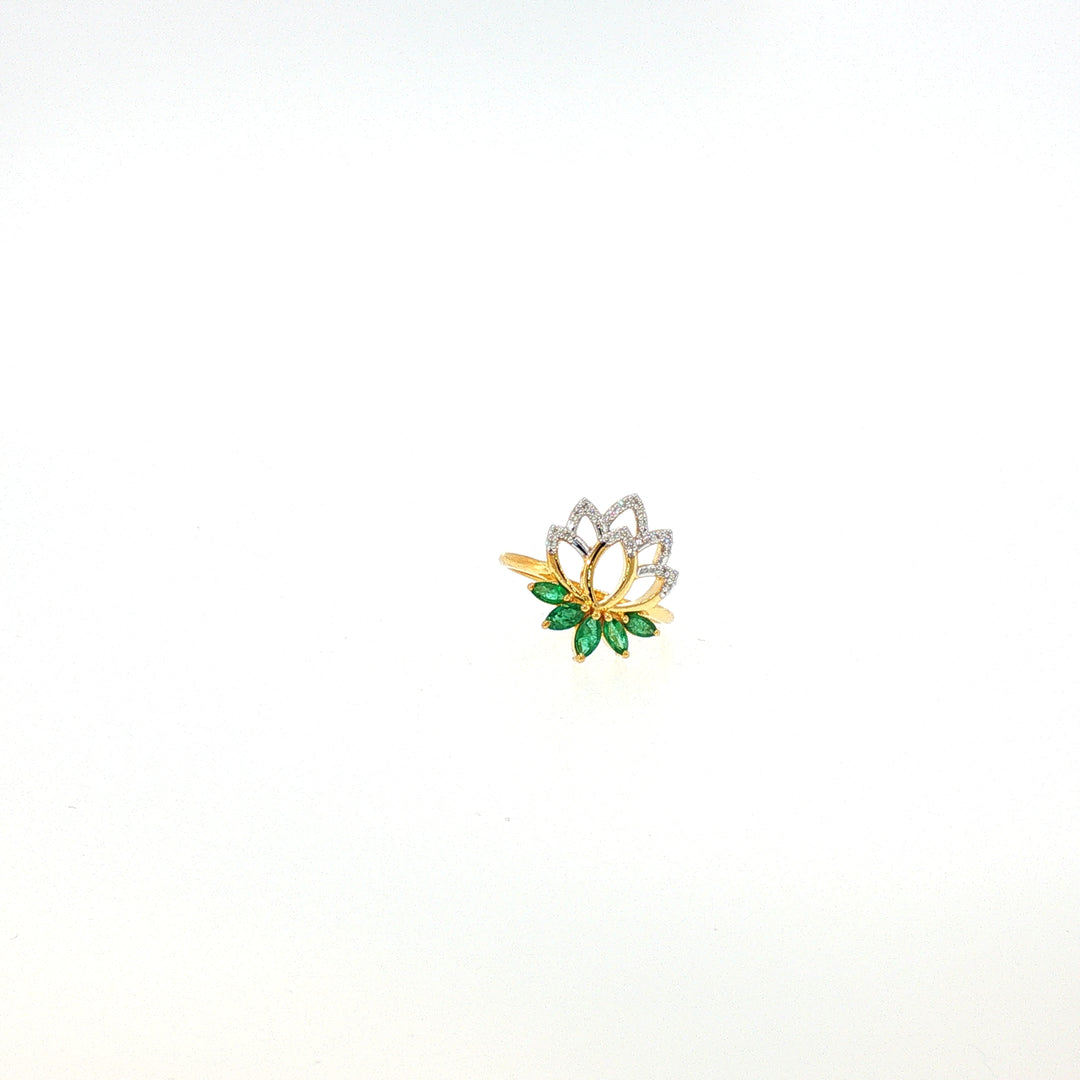 14K YG Lotus Diamond, Emerald Ring-1pc