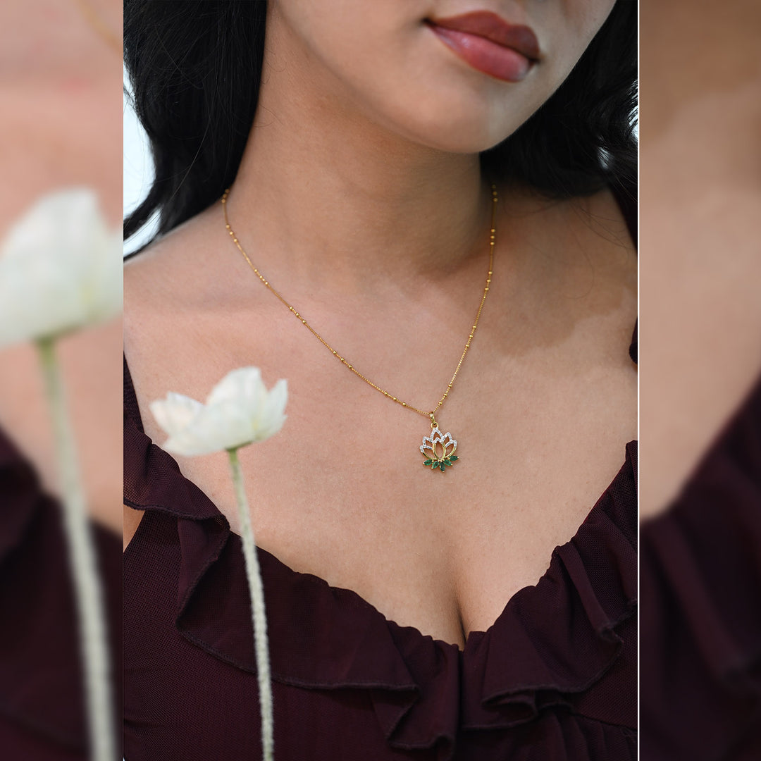 14K YG Lotus Diamond, Emerald Pendant-1pc