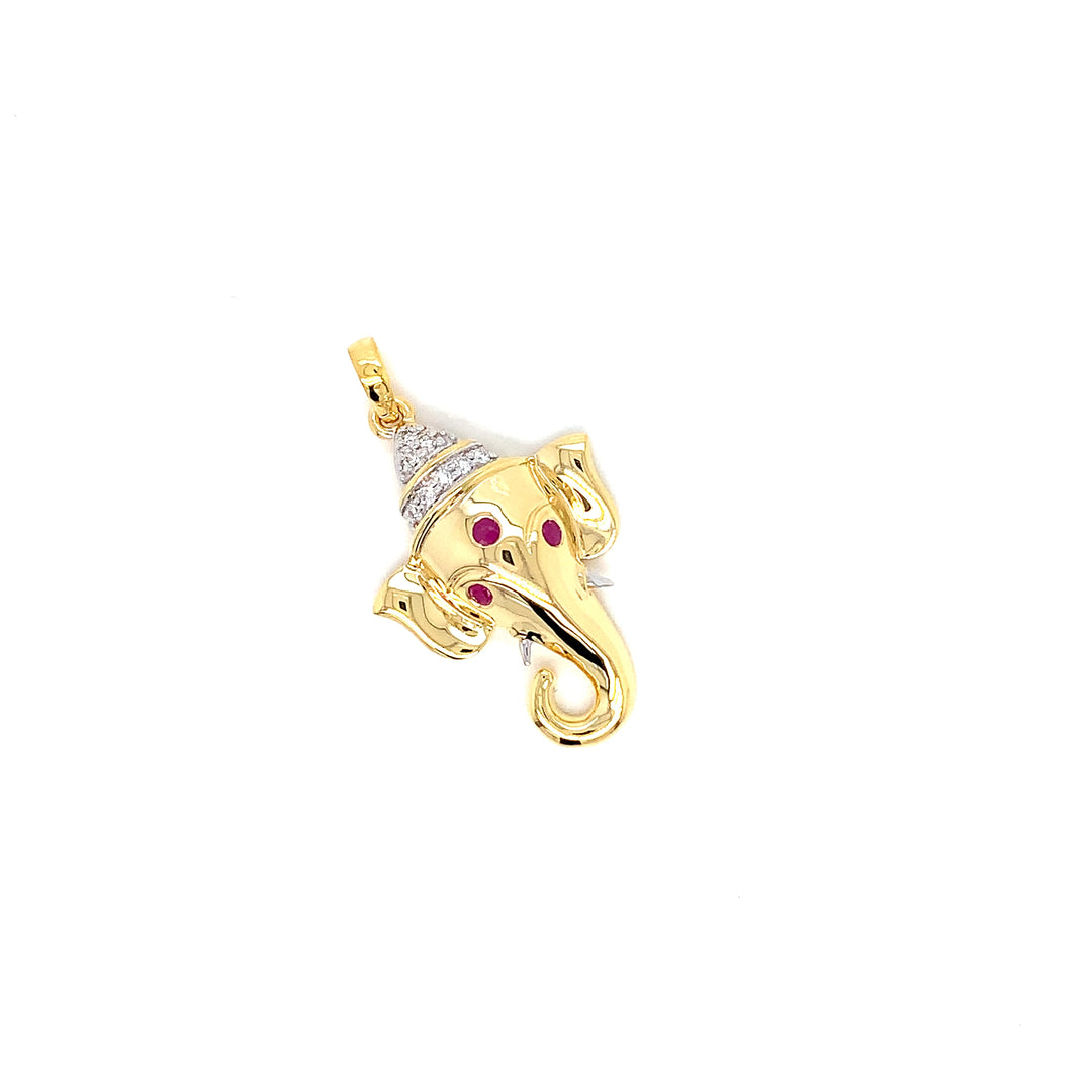 14K YG Ganesh Head Diamond, Ruby Pendant-1pc