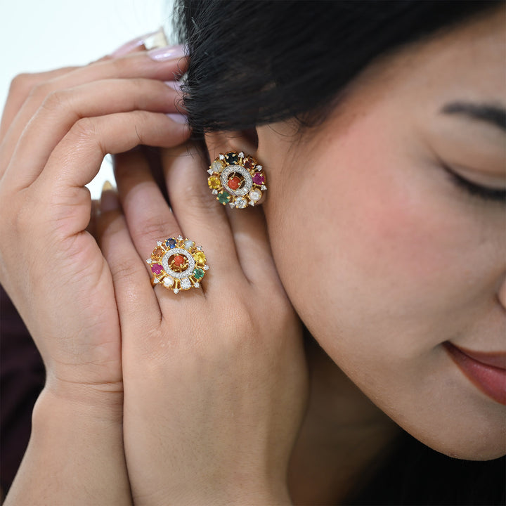 14K YG Cluster Diamond, Navaratna Ring-1pc