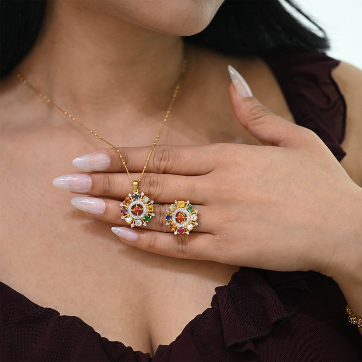 14K YG Cluster Diamond, Navaratna Pendant-1pc