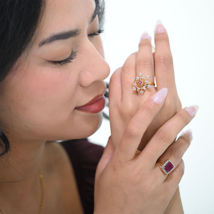 14K YG Cluster Diamond, Ruby Ring-1pc