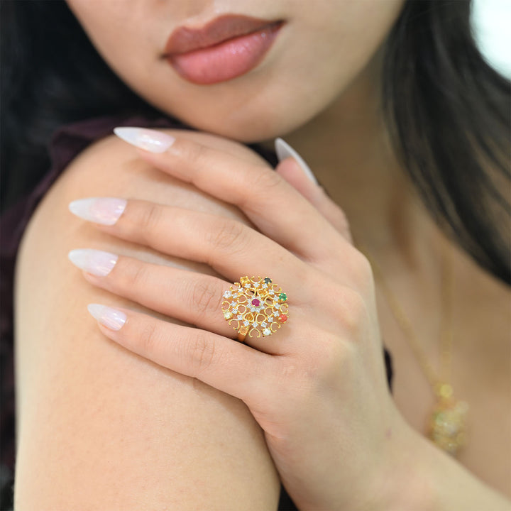 14K YG Cluster Diamond, Navaratna Ring-1pc