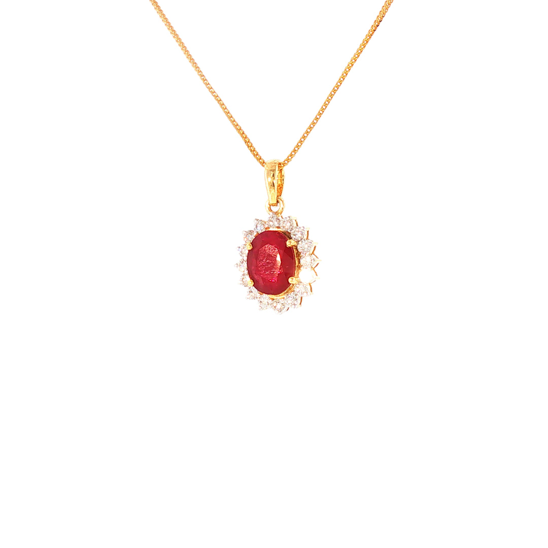 14K YG Cluster Diamond, Ruby Pendant-1pc