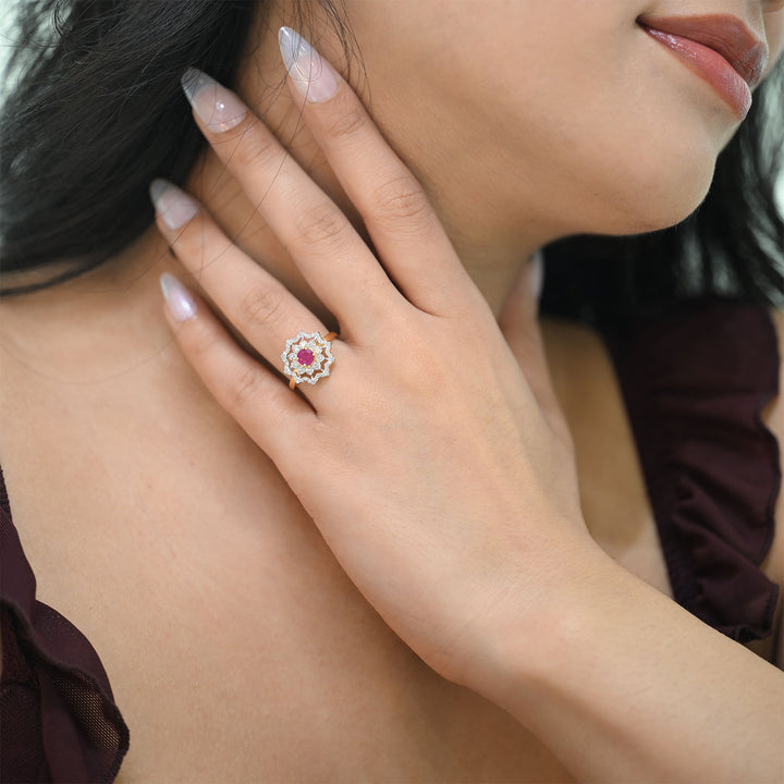 14K YG Cluster Diamond, Ruby Ring-1pc