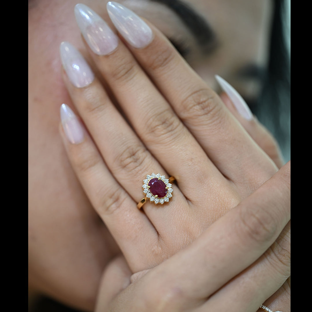 14K YG Cluster Diamond, Ruby Ring-1pc