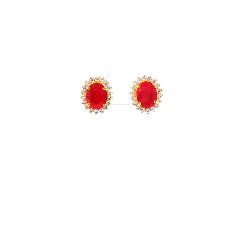 14K YG Cluster Diamond, Ruby Earring-1pair