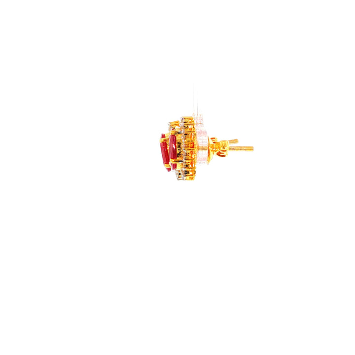 14K YG Cluster Diamond, Ruby Earring-1pair