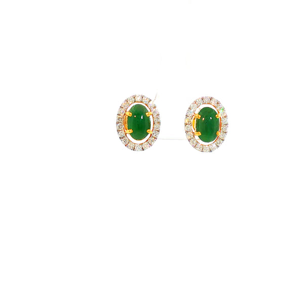 14K YG Cluster Diamond, Jade Earring-1pair