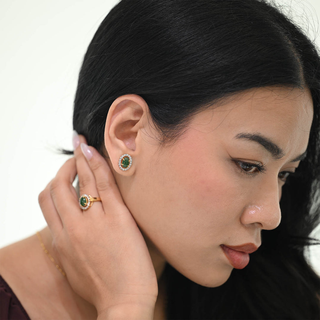 14K YG Cluster Diamond, Jade Earring-1pair