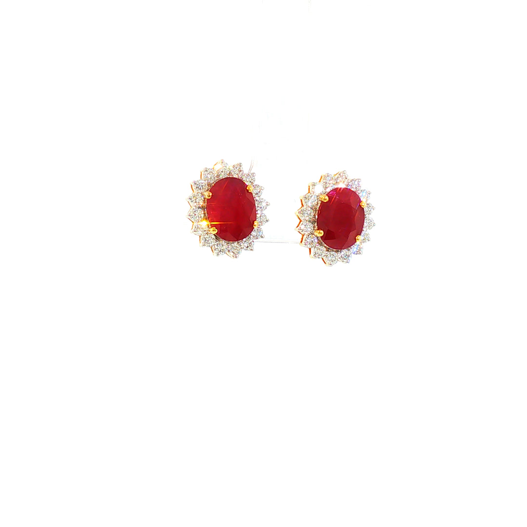 14K YG Cluster Diamond, Ruby Earring-1pair