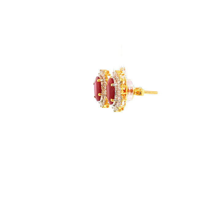14K YG Cluster Diamond, Ruby Earring-1pair