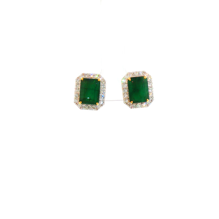 14K YG Cluster Diamond, Emerald Earring-1pair