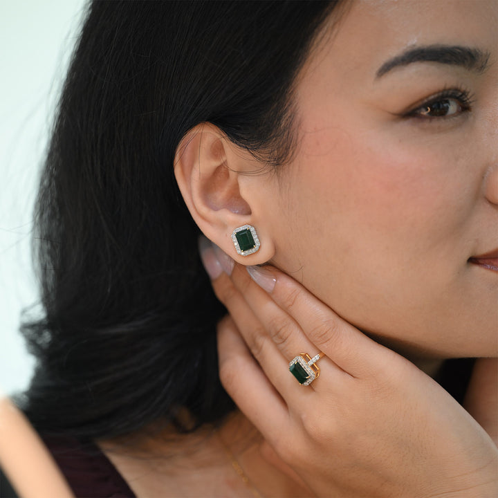 14K YG Cluster Diamond, Emerald Earring-1pair
