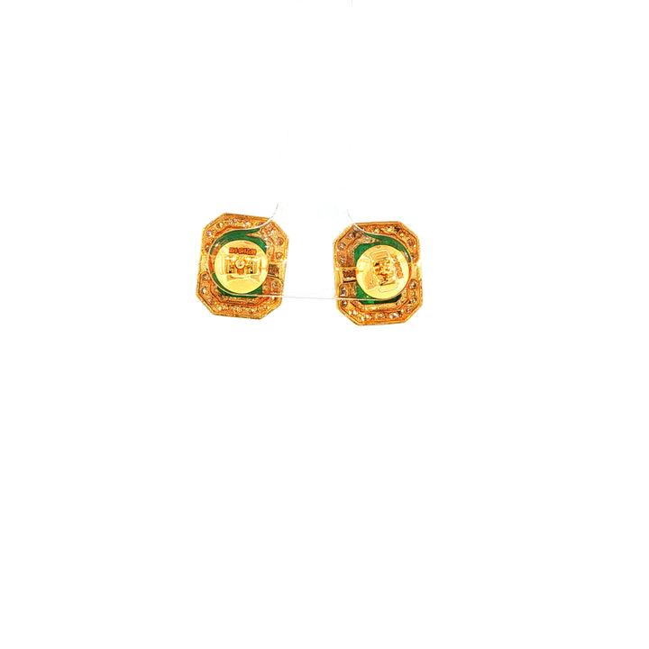 14K YG Cluster Diamond, Emerald Earring-1pair