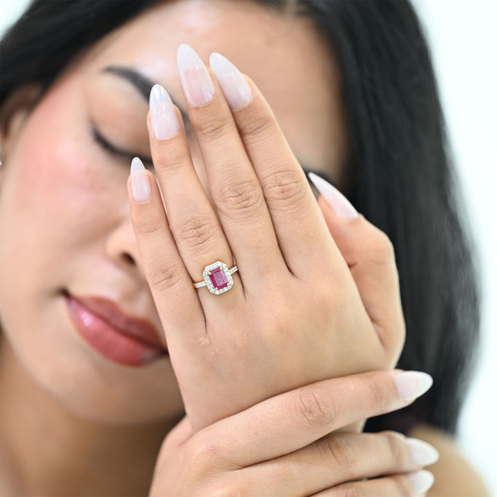 14K YG Cluster Diamond, Ruby Ring-1pc