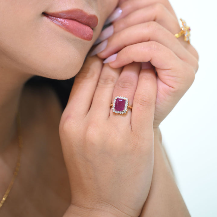 14K YG Cluster Diamond, Ruby Ring-1pc