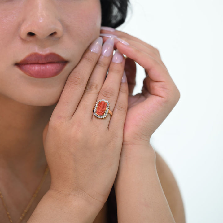 14K YG Cluster Diamond, Coral Ring-1pc