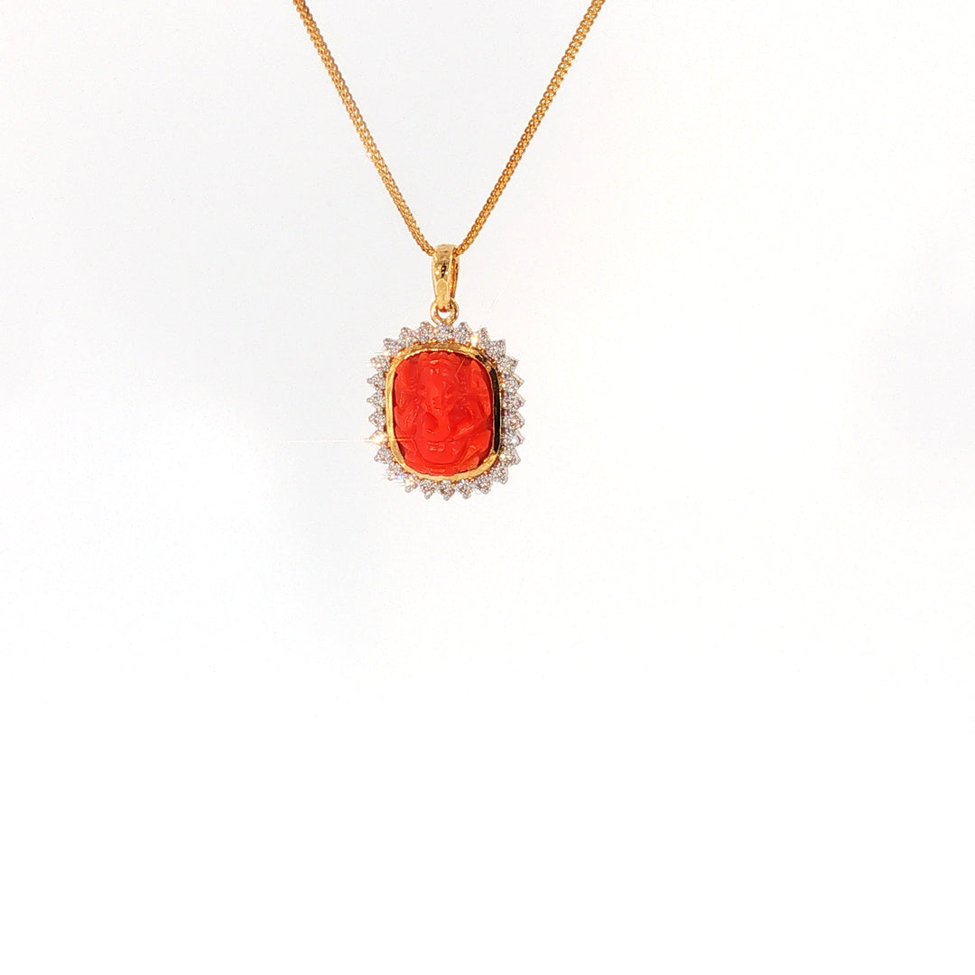 14K YG Cluster Diamond, Coral Pendant-1pc