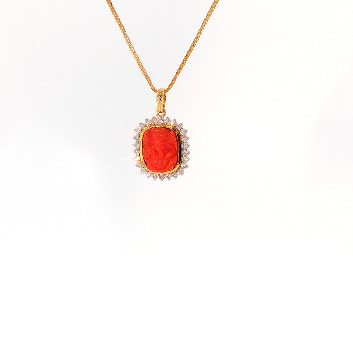 14K YG Cluster Diamond, Coral Pendant-1pc