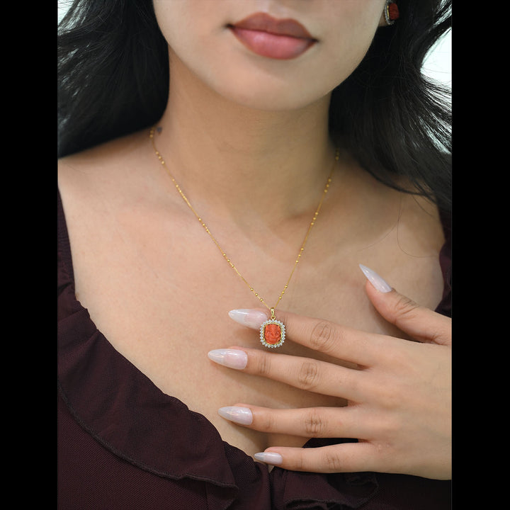 14K YG Cluster Diamond, Coral Pendant-1pc