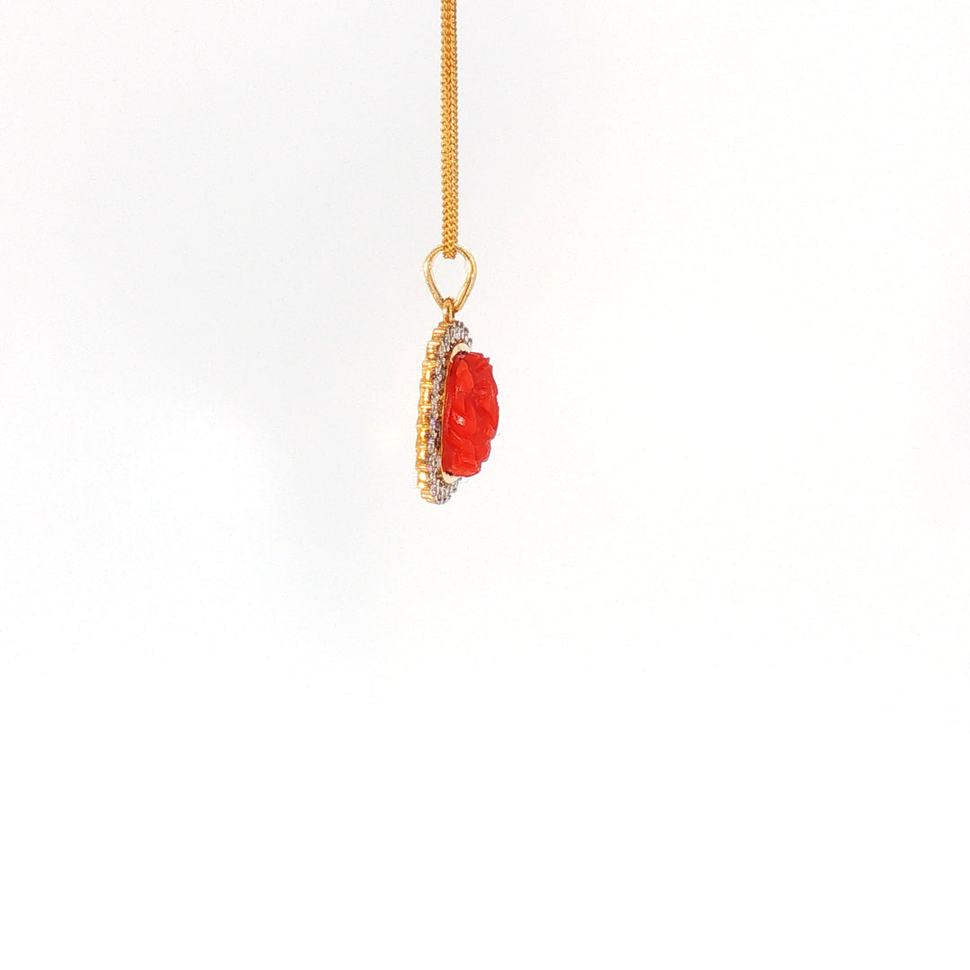 14K YG Cluster Diamond, Coral Pendant-1pc