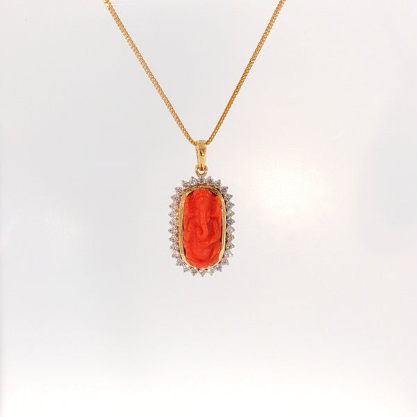 14K YG Cluster Diamond, Coral Pendant-1pc