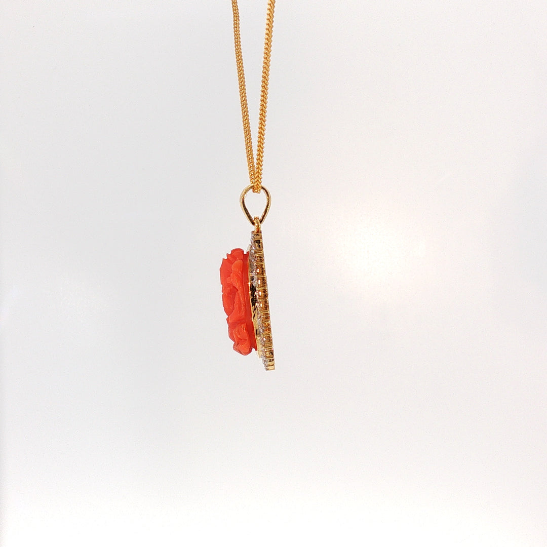 14K YG Cluster Diamond, Coral Pendant-1pc