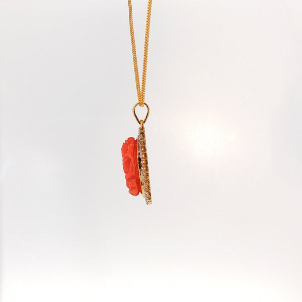 14K YG Cluster Diamond, Coral Pendant-1pc