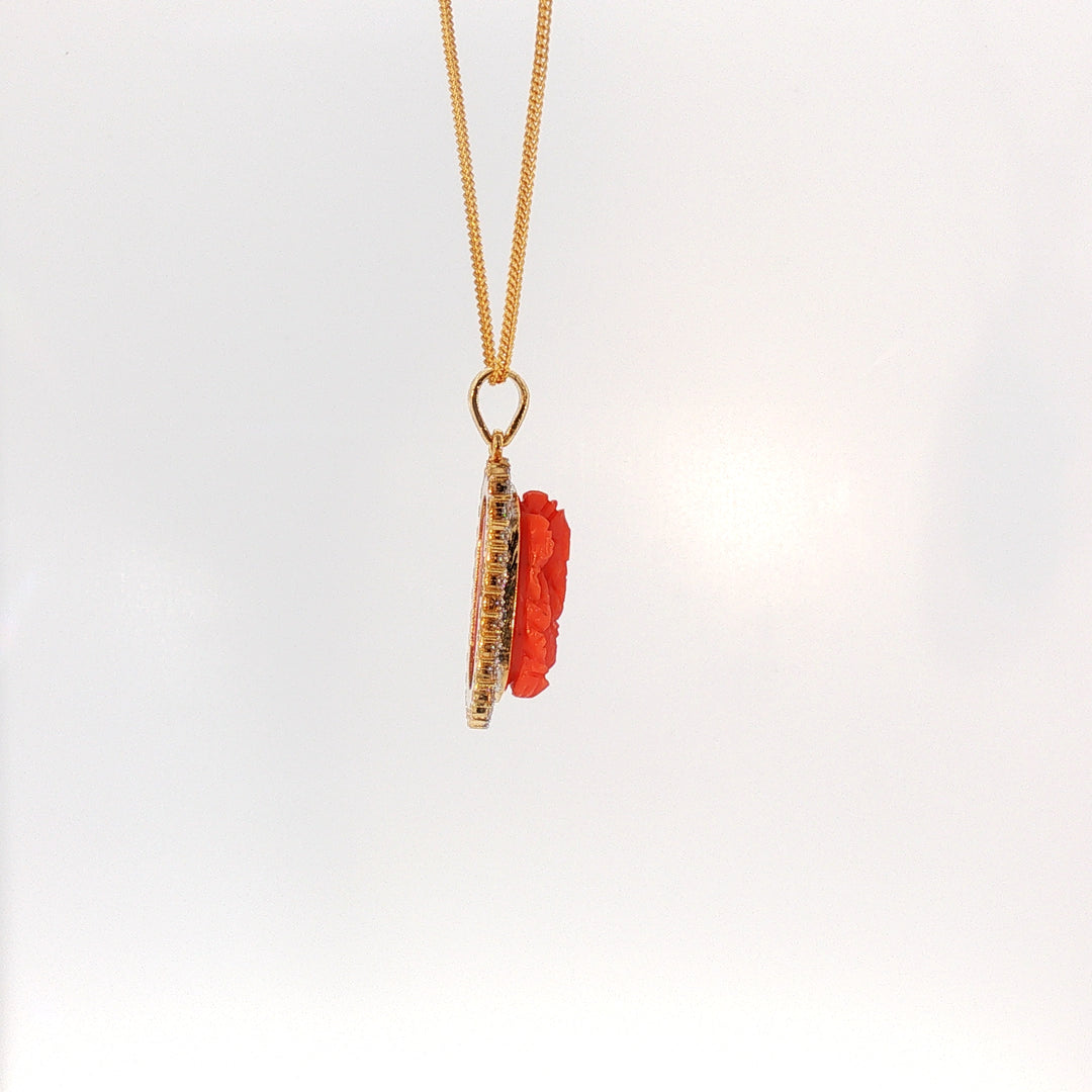 14K YG Cluster Diamond, Coral Pendant-1pc