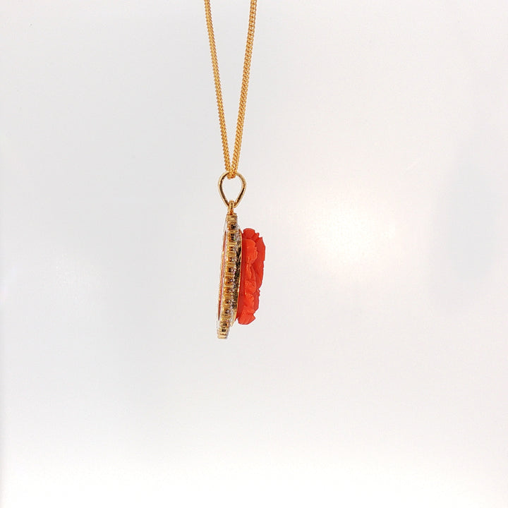 14K YG Cluster Diamond, Coral Pendant-1pc