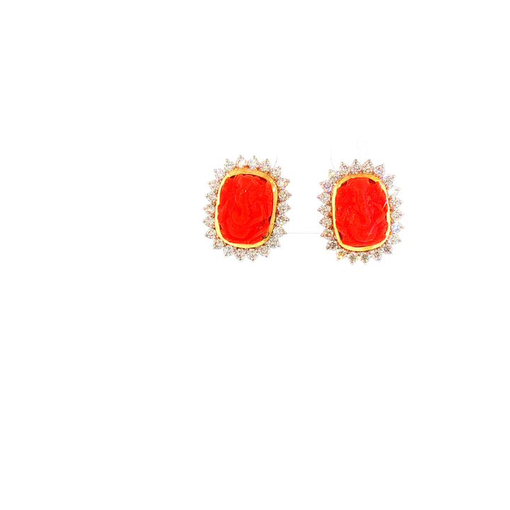 14K YG Cluster Diamond, Coral Earring-1pair