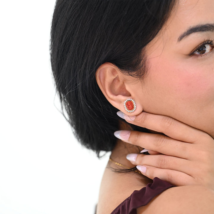 14K YG Cluster Diamond, Coral Earring-1pair