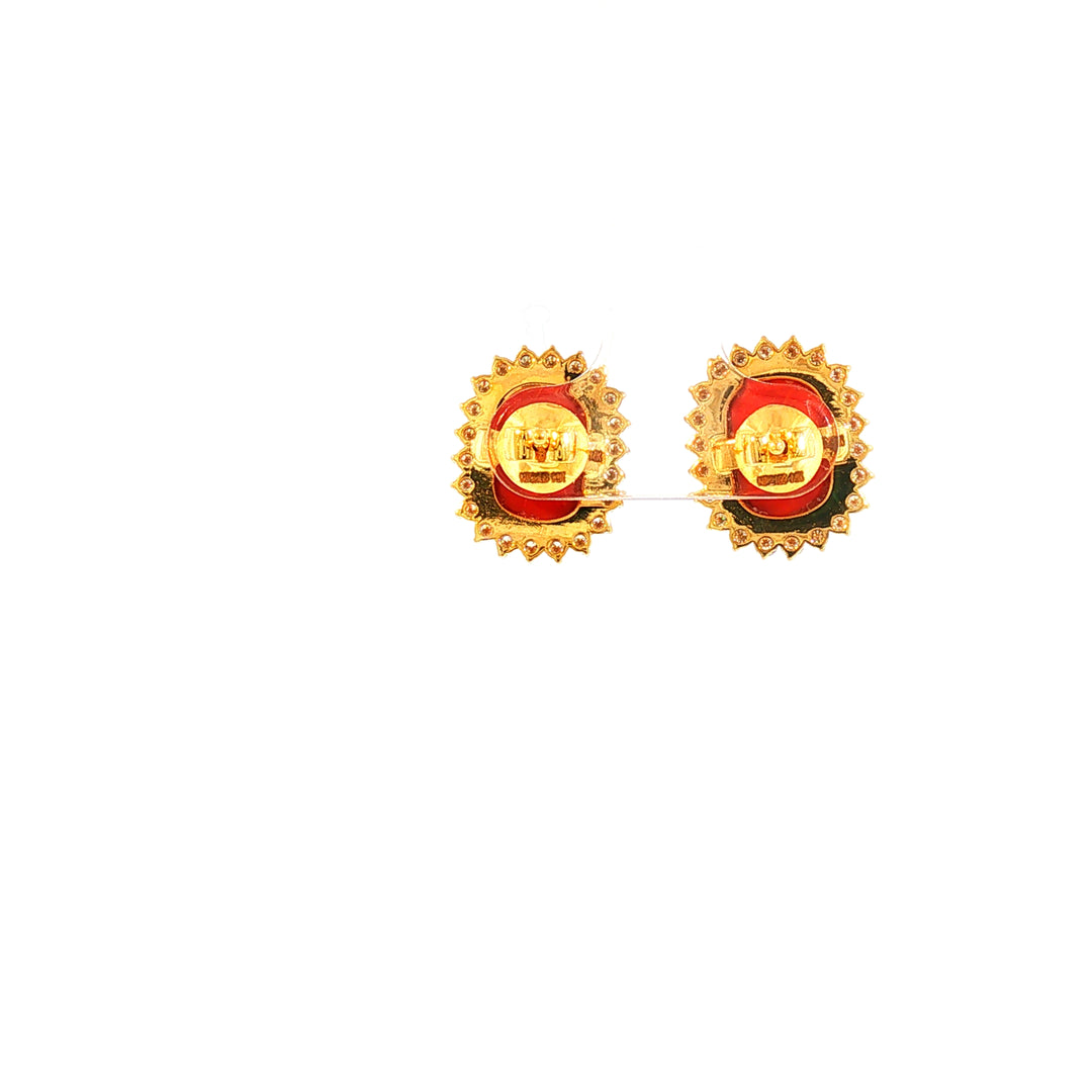 14K YG Cluster Diamond, Coral Earring-1pair